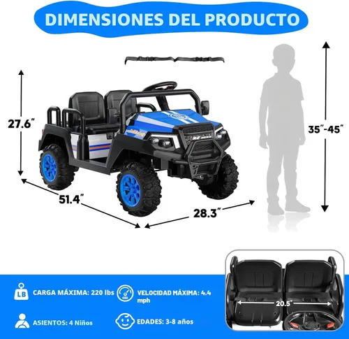 Miniatura 4 de Coche eléctrico para niños, juguetes de 24 V y 4 plazas con control remoto para padres, suspensión de 4 ruedas, capacidad máxima de peso de 220 Azul