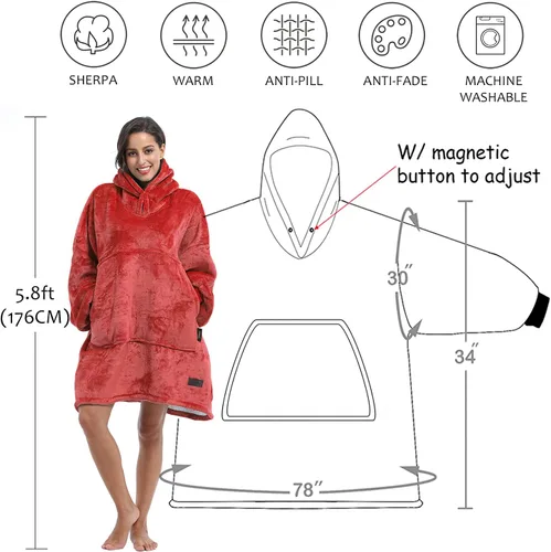 Miniatura 6 de Manta de tamaño grande de sherpa con capucha, cómoda, regalo para adultos, hombres, mujeres, adolescentes, esposa, novia, rojo