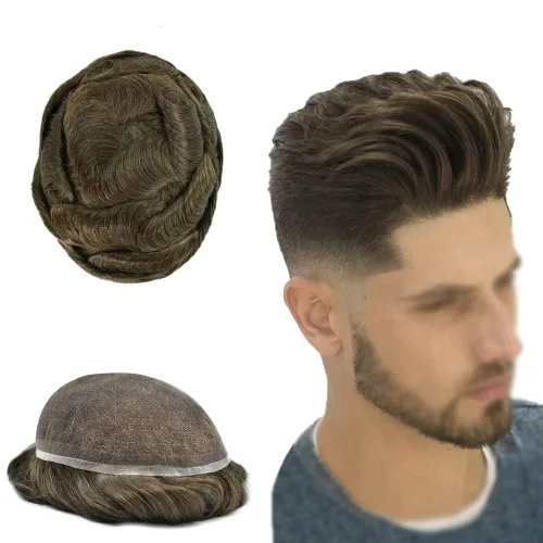 Miniatura 32 de Tupé para hombres cabello humano real sistema de cabello para hombre encaje francés completo 100% cabello humano postizos para hombres pieza de pelo