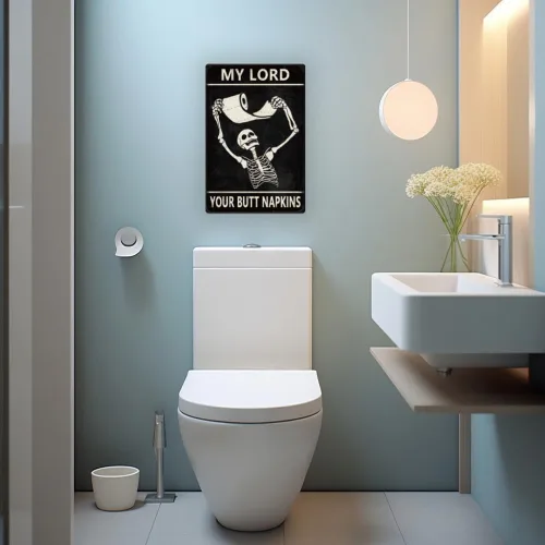 Miniatura 7 de Cartel de metal divertido de esqueleto para decoración de baño, diseño retro con texto en inglés «My Lord Your Buttock» para decoración de pared