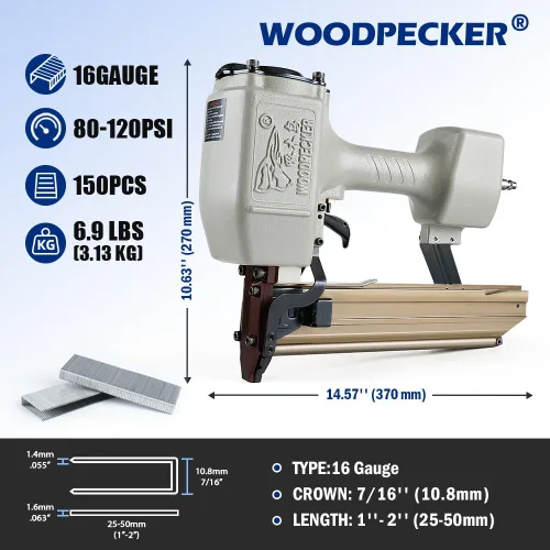 Miniatura 9 de Woodpecker - Grapadora de construcción de corona mediana de calibre 16, 7/16 pulgadas, se adapta a grapas de 1 a 2 pulgadas de longitud, pistola