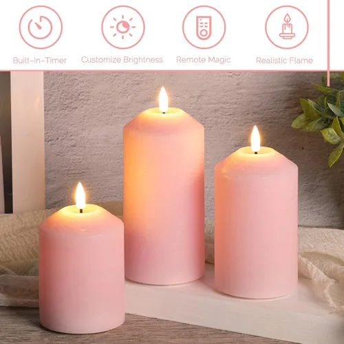Miniatura 4 de Juego de 3 velas de pilar sin llama color rosa con control remoto, velas LED de cera real que funcionan