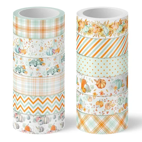 Miniatura 11 de Whaline 12 rollos de cintas Washi de otoño a cuadros naranja rojo búfalo cinta decorativa de otoño de color sólido de lunares con patrón de cinta