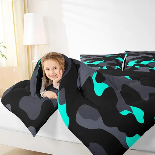 Miniatura 6 de Erosebridal Juego de edredón de camuflaje verde azulado, juego de ropa de cama de camuflaje gris y negro, juego de ropa de cama moderno de arte Camo