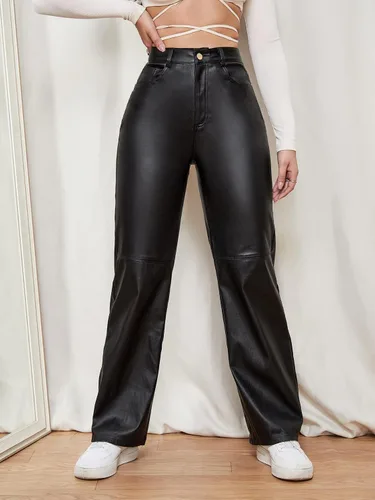 Miniatura 6 de WDIRARA Pantalones largos con bolsillo inclinado y pierna recta, de alta elasticidad, con aspecto de cuero, para mujer