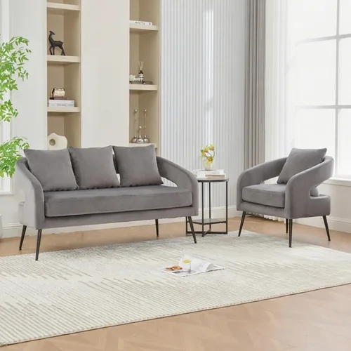 Miniatura 16 de Juego de 1 sofá biplaza pequeño y 2 sillas decorativas, juego de sofá y sillón de 3 piezas para sala de estar, moderno sofá de terciopelo con silla