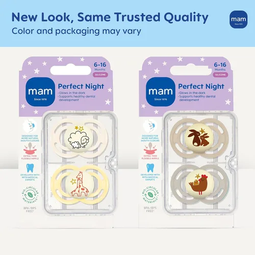 Miniatura 2 de MAM Perfect Night - Chupete para bebé, pezón patentado, brilla en la oscuridad, paquete de 2, 6+ meses, unisex Amarillo Mantequilla/Shell