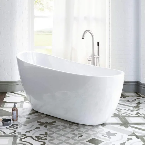 Miniatura 17 de WOODBRIDGE Bañera de remojo de acílico blanco independiente de 54 pulgadas con almohada blanca, drenaje y desbordamiento en níquel cepillado