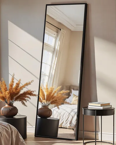 TRAHOME Espejo de cuerpo entero, espejo grande de pie para piso con marco de aluminio para dormitorio, sala de estar, baño (negro)