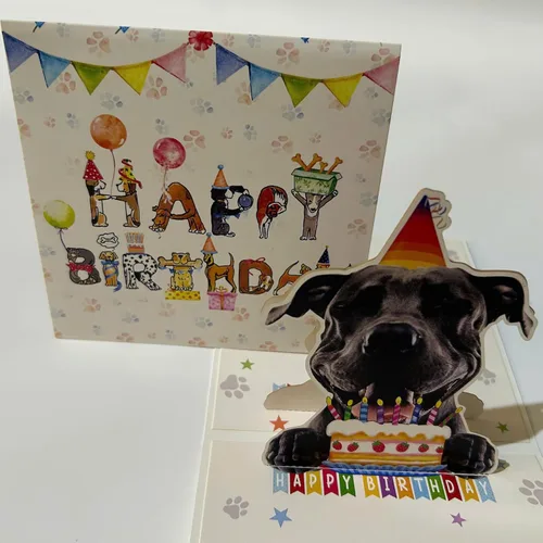Miniatura 6 de Tarjeta de Cumpleaños 3D Pop-Up American Pit Bull Terrier Dog – Lindo perro American Pit Bull Terrier con celebración de pastel, saludo de feliz
