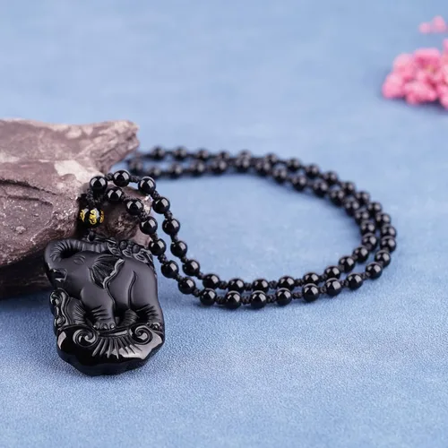 Miniatura 3 de Collar de obsidiana negra con colgante de protección y cadena de cuentas extendida, amuleto de piedra de cristal curativo para hombres y mujeres