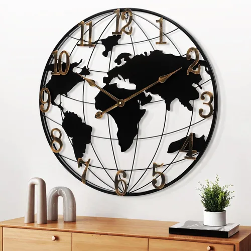 Miniatura 8 de Maxstar Reloj de pared grande con mapa del mundo, minimalista de metal, moderno, redondo, silencioso, sin tictac, funciona con pilas, para sala