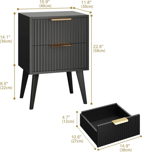 Miniatura 3 de YAUKOMEL Mesita de noche negra, mesita de noche moderna de mediados de siglo, mesita de noche acanalada con 2 cajones, mesa auxiliar con patas