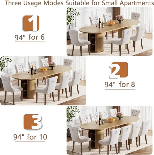 Miniatura 2 de Mesa de comedor redonda extensible con base de almacenamiento, mesa de comedor expandible natural de 63 a 94 pulgadas para 10 personas, mesa