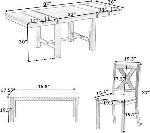 Miniatura 7 de Merax Farmhouse - Juego de 6 mesas de comedor de madera extensibles de 82 pulgadas, 4 sillas con respaldo, banco para 2 personas con cojín