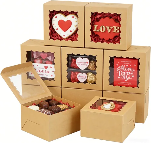 XINHPKGG 100 cajas de galletas de 4 x 4 x 2.5 pulgadas, cajas de panadería con ventana, caja de postre para recuerdos de boda, fiesta, color marrón