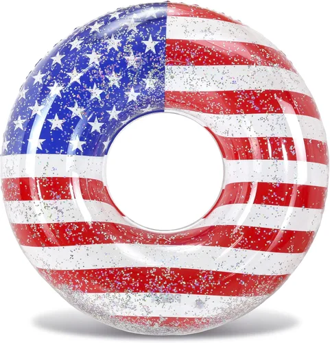 Miniatura 9 de POZA Flotador inflable de piscina de Estados Unidos – Lujosa tumbona divertida llena de confeti de estrellas plateadas brillantes, diseño de bandera