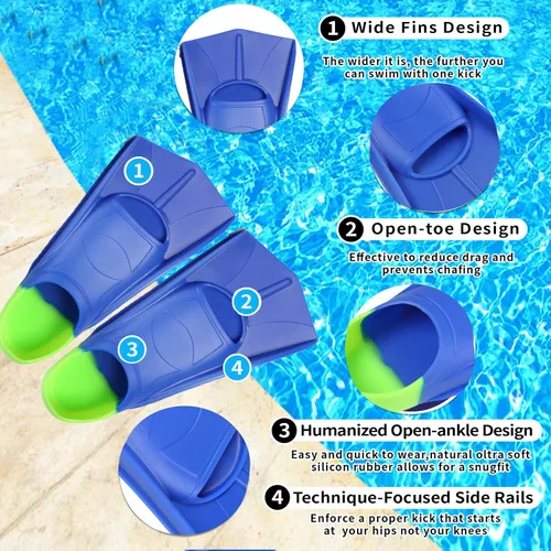 Miniatura 2 de Aletas de Natación para Niños, Aletas Cortas Cómodas para Natación de Vueltas y Entrenamiento para Niños, Niñas, Niños, Principiantes Azul y lima