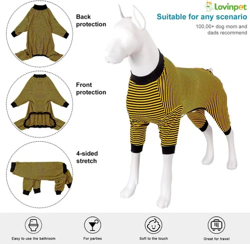 Miniatura 3 de LovinPet - Pijama y camiseta de algodón puro para perros gigantes, diseño a rayas de color amarillo y negro, de 4 patas, protección que cubre todo