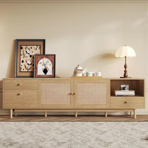 Miniatura 16 de JIVOIT Moderno soporte de TV de ratán para televisores de hasta 80 pulgadas, mesa consola inspirada en ratán con 3 gabinetes y 2 cajones, armario