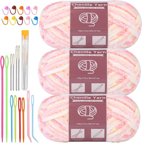 Miniatura 31 de LUNARM Hilado de chenilla para tejer y hacer ganchillo, 3 madejas de 240 metros de hilo grueso, suave y voluminoso, para tejer mantas, ropa y Beige