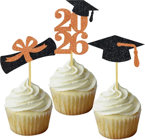 Miniatura 25 de Decoración para cupcakes de graduación, decoración de fiesta de graduación, selecciones de alimentos, felicitaciones, tapa de diploma con purpurina