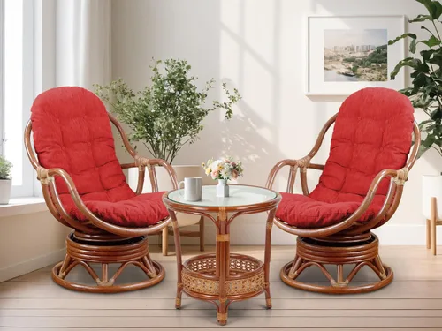 Miniatura 10 de Juego de 2 mecedoras giratorias Bali Lounge con cojín floral y mesa de centro redonda Pelangi, mimbre de ratán natural, hecho a mano, color colonial
