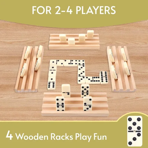 Miniatura 8 de Doreimi Juego de Dominó Doble 6 para Adultos con 4 Estanterías de Madera y 28 Azulejos Juego de Dominó de Viaje Juego de Mesa Clásico para Noche