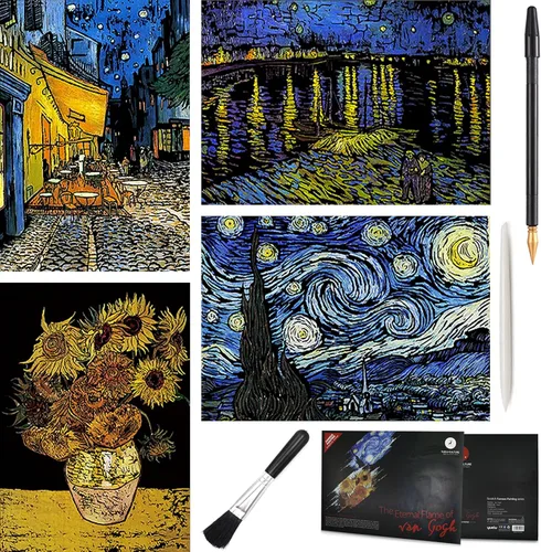 Pintura artística para rascar, 4 piezas, Vincent Van Gogh, juego de papel arcoíris para adultos y niños, tarjeta de boceto de bricolaje, grabado,