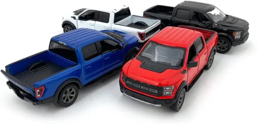 KiNSMART SetOf4 2022 Ford F-150 Raptor - Camión de juguete a escala 1:46 de 5 pulgadas, modelo fundido a presión, negro, blanco, rojo, azul