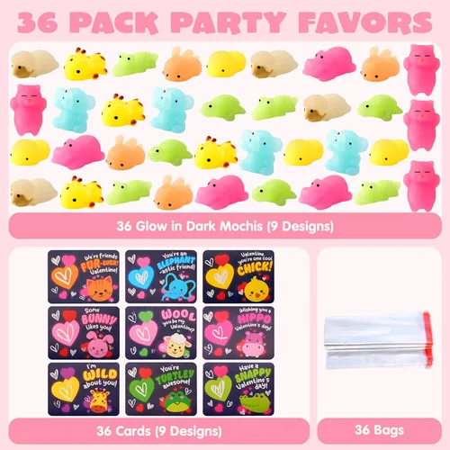 Miniatura 4 de JOYIN 36 paquetes de tarjetas de regalo para el día de San Valentín con juguetes esponjosos Mochi que brillan en la oscuridad, 9 diseños de juguetes