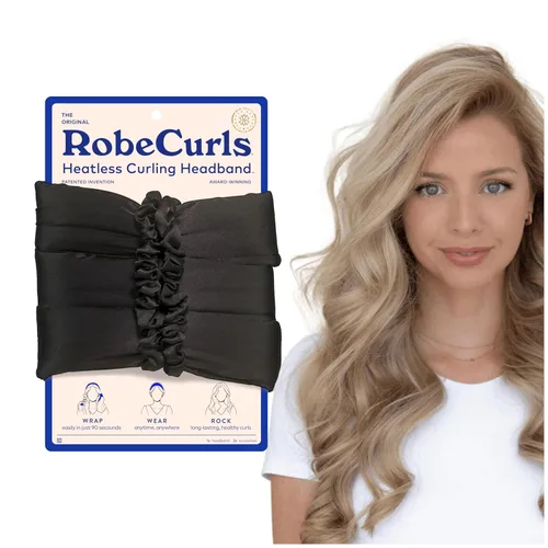 RobeCurls Juego Original de Rizadores de Cabello Sin Calor con 2 Coleteros – Diadema Rizadora de Satén Patentada con Sujeción de Alambre para Rizos
