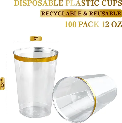 Miniatura 7 de FOCUSLINE Paquete de 100 vasos de plástico de 12 onzas con borde dorado, vasos transparentes de 12 onzas, vasos duros desechables elegantes y Borde