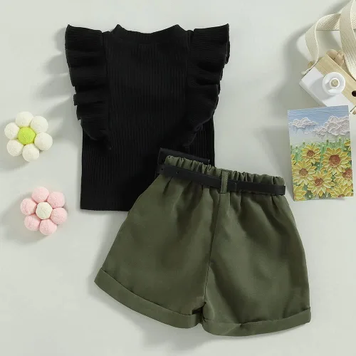Miniatura 170 de TheFound Trajes de verano para niñas pequeñas, sin mangas, de punto acanalado, halter, pantalones cortos, ropa para recién nacidos, conjunto de 3