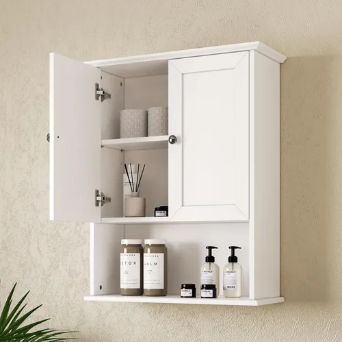 Miniatura 10 de Armario de medicina, gabinete de almacenamiento sobre el inodoro, armario de pared de baño con puertas arqueadas y estantes ajustables, gabinete