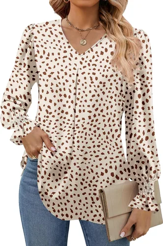 Miniatura 24 de Funlingo Blusas de mujer con mangas largas 2025, elegantes y casuales, con cuello en V, túnica suelta de gasa para el trabajo