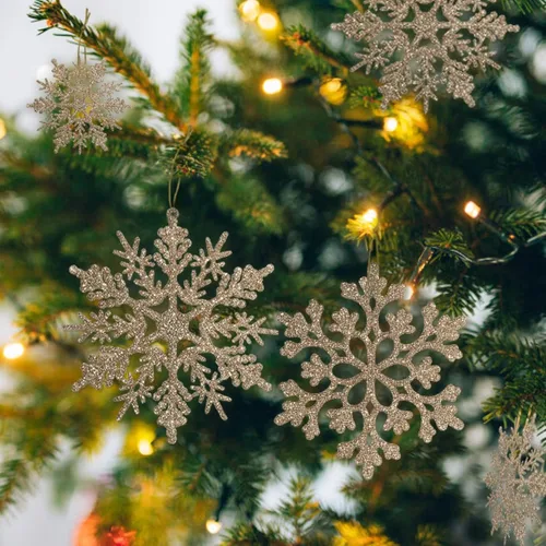 Miniatura 8 de Decoraciones para árbol de Navidad, adornos de copo de nieve, 36 piezas de copos de nieve colgantes de plástico con purpurina azul y plateado