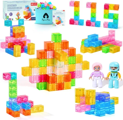 Miniatura 10 de Juego de 65 bloques magnéticos, bloques de construcción magnéticos de 1 pulgada con ojos de juguete y bolsa de almacenamiento para regalos de niños