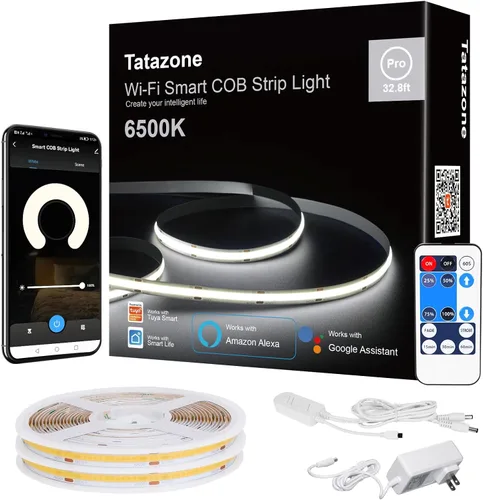 Tatazone Tira de luz LED COB blanca inteligente con aplicación y control remoto, tira de luz COB brillante de 32.8 pies 6500 K WiFi funciona con