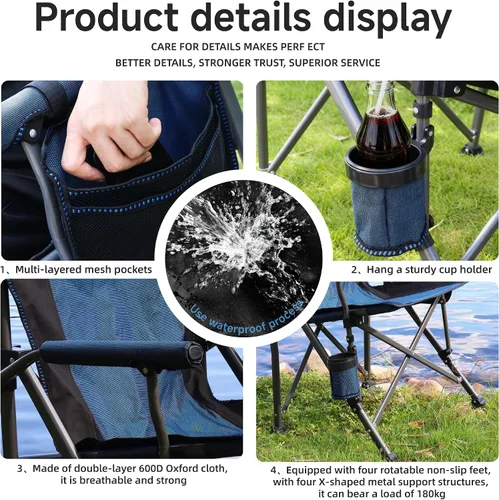 Miniatura 4 de Silla de camping plegable con portavasos y bolsa de almacenamiento, soporte resistente de 400 libras, silla de campamento portátil plegable de gran