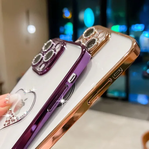 Miniatura 4 de Bling Glitter Heart - Funda compatible con iPhone 14 Pro Max, bonito protector de cámara completo brillante para mujer, diseño de fundas para Púrpura