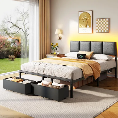 Miniatura 5 de Furnulem Base de cama de tamaño matrimonial con estación de carga y luces LED, cabecera tapizada de piel sintética, cama de plataforma de metal