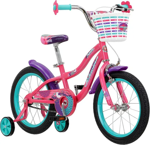 Schwinn Jasmine - Bicicleta infantil con ruedas de entrenamiento, ruedas de 16 pulgadas, niños y niñas de 3 a 5 años de edad, canasta, posavasos y