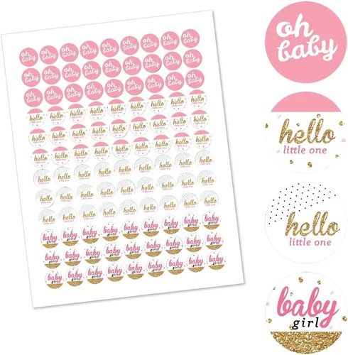 Miniatura 2 de Big Dot of Happiness Hello Little One - Calcomanías redondas para fiesta de baby shower, color rosa y dorado, para fiesta de baby shower