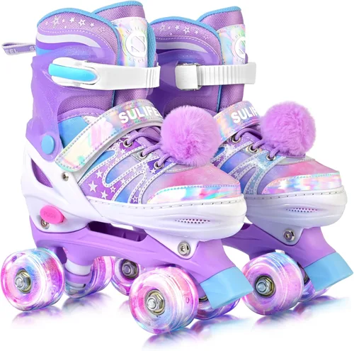 SULIFEEL - Patines ajustables de estilo tie-dye arcoíris para niñas y niños de 3 a 5 años, 5 a 8 años, 6 a 12 años, rosa y morado, con luces, con