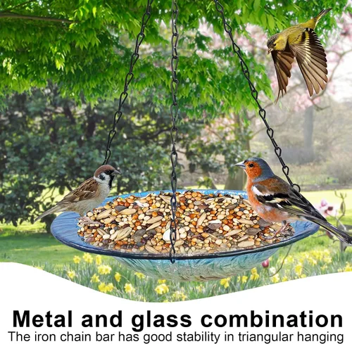 Miniatura 4 de Baño colgante para pájaros, de cristal al aire libre, comedero para pájaros con patrón de textura azul-naranja para decoración de jardín y patio