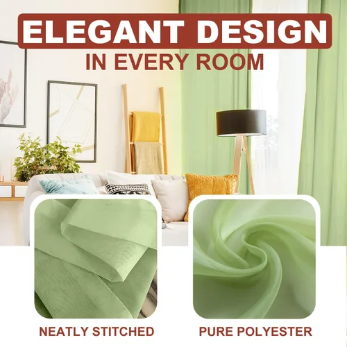 Miniatura 2 de YHSF Cortinas traslúcidas – Juego de 2 paneles para decoración del hogar – Elegantes cortinas de gasa sólida con bolsillo para barra para Verde