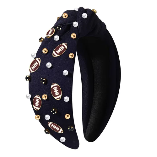 Miniatura 12 de Diadema de fútbol para mamá, accesorios de perlas con diamantes de imitación anudados, banda ancha para el pelo negra, diadema de nudo superior