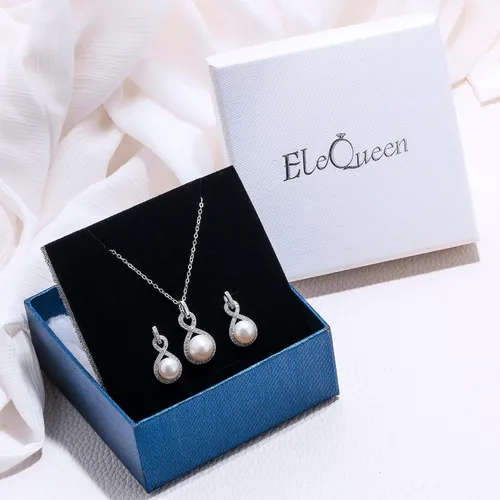Miniatura 6 de EleQueen Juego de collar y aretes de plata de ley 925 con circonita cúbica AAA, color crema, perlas cultivadas de agua dulce, color marfil