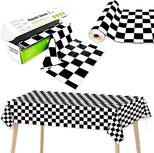 Rollo de mantel a cuadros en blanco y negro de 52 pulgadas x 100 pies con cortador deslizante, mantel a cuadros negro, mantel de picnic para